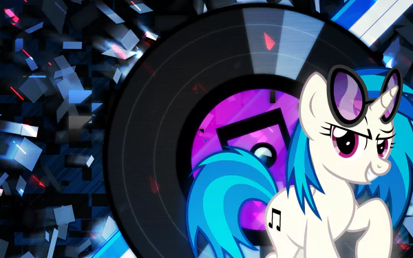 HD desktop wallpaper featuring DJ Pon-3 (Vinyl Scratch) from My Little Pony: Friendship Is Magic with a vibrant, dynamic background of music-themed graphics.