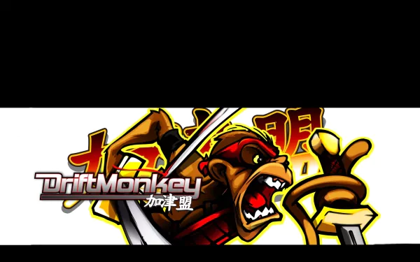 HD PC desktop wallpaper featuring a fierce monkey character from the video game DriftMonkey, holding a sword with bold, dynamic graphics and vibrant colors.