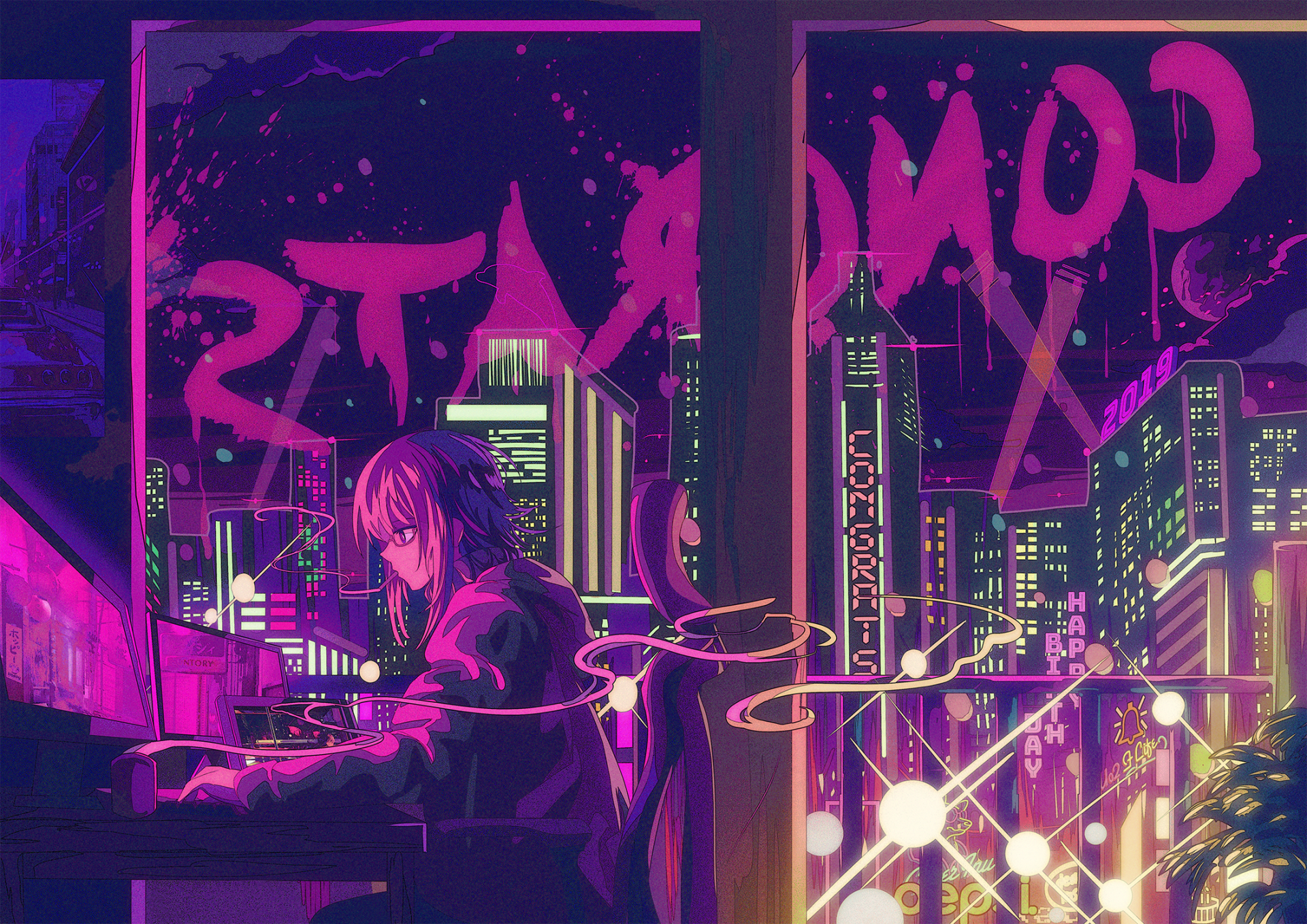 Anime-style character with pink hair, glasses, and a hoodie smoking a cigarette while working at a computer in a vibrant, neon-lit cityscape. HD desktop wallpaper.