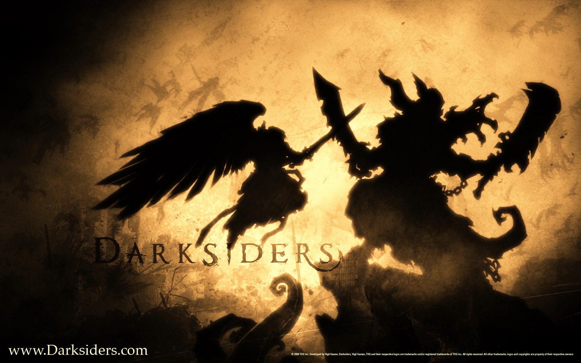 Darksiders video game HD PC desktop wallpaper and background: silhouetted winged warrior confronts a hulking demonic foe backlit by fiery golden light.