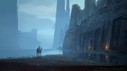 HD PC desktop wallpaper featuring a misty ancient landscape from the video game Assassin's Creed Origins, showing a lone figure on horseback near towering ruins.