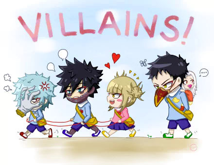 Chibi characters from My Hero Academia, including Eri, Kai Chisaki, Himiko Toga, Dabi, and Tomura Shigaraki, happily walk together with a playful vibe. A fun HD desktop wallpaper featuring fan-favorite villains.