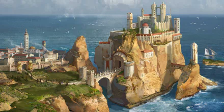 HD fantasy desktop wallpaper depicting a majestic castle perched on rocky cliffs overlooking the ocean, surrounded by lush greenery and a distant village.