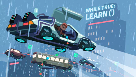 HD PC desktop wallpaper from the video game while True: learn(): stylized rainy cityscape with hovering cars, a programmer steering a flying car above buses.