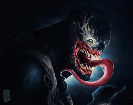 HD PC desktop wallpaper featuring a dark, menacing Venom from the comic universe with sharp teeth and an extended tongue against a shadowy background.