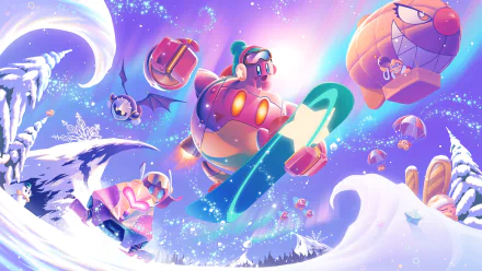 HD wallpaper from the video game Kirby: Planet Robobot, featuring Kirby in a wintery setting with vibrant colors, robotic elements, and a dynamic snowboard scene.