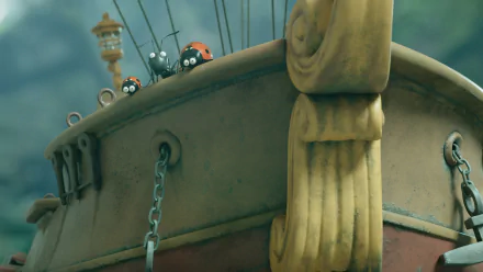 4K Ultra HD PC desktop wallpaper from the movie Minuscule 2: Mandibles From Far Away — three small animated beetles peering over the weathered bow of a wooden ship.