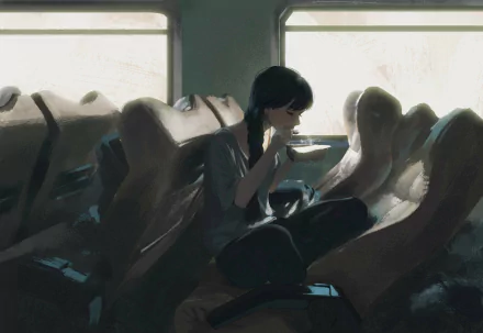 Anime original HD desktop wallpaper featuring a young girl with dark hair sitting alone in a dimly lit train carriage, creating a serene and contemplative atmosphere.