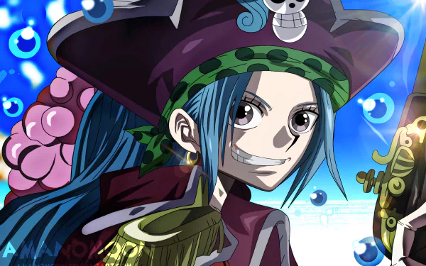HD PC desktop wallpaper featuring Nefertari Vivi from the anime One Piece, showcasing her in vibrant colors with a confident expression and pirate-themed attire.