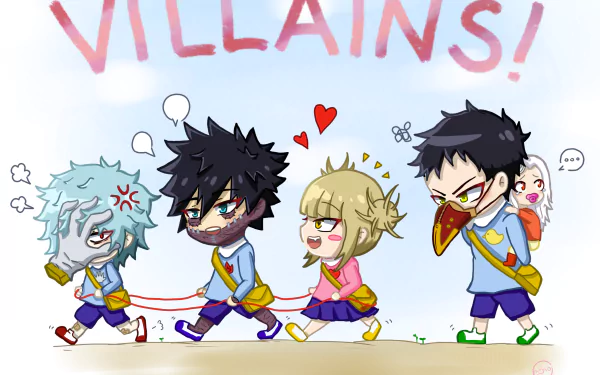 Chibi characters from My Hero Academia, including Eri, Kai Chisaki, Himiko Toga, Dabi, and Tomura Shigaraki, happily walk together with a playful vibe. A fun HD desktop wallpaper featuring fan-favorite villains.