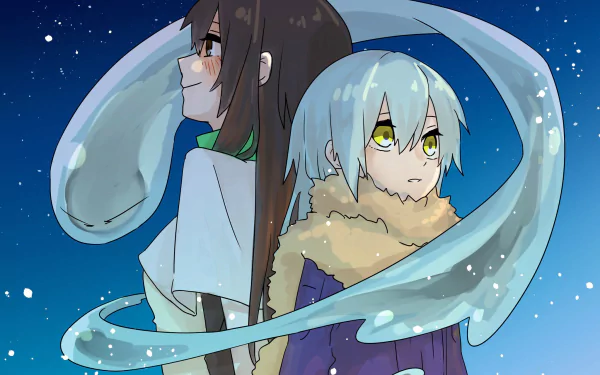 HD PC desktop wallpaper featuring anime characters Shizue Izawa and Rimuru Tempest from That Time I Got Reincarnated as a Slime against a starry night sky.