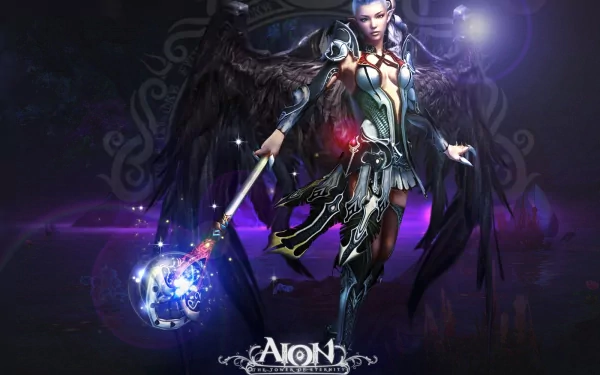 HD PC desktop wallpaper featuring a dark-winged character wielding a glowing staff from the video game AION, set against a mystical, shadowy background.