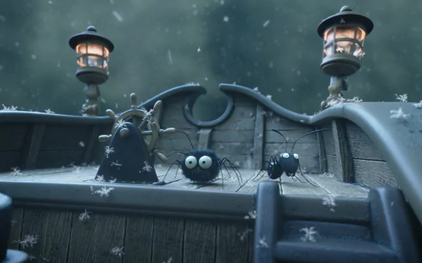 4K Ultra HD PC desktop wallpaper from the movie Minuscule 2: Mandibles From Far Away — three wide‑eyed animated insects perched on a snowy wooden railing under glowing lampposts.