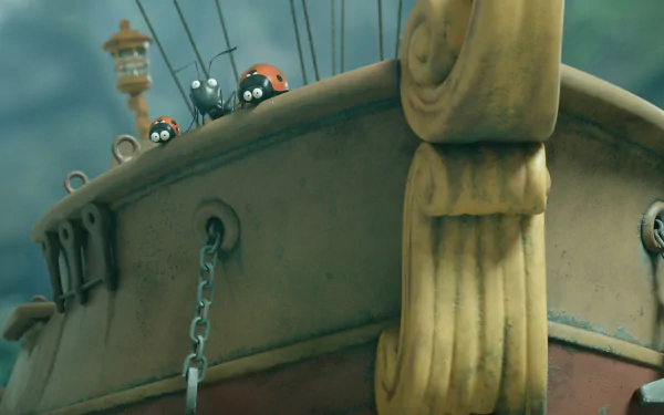 4K Ultra HD PC desktop wallpaper from the movie Minuscule 2: Mandibles From Far Away — three small animated beetles peering over the weathered bow of a wooden ship.