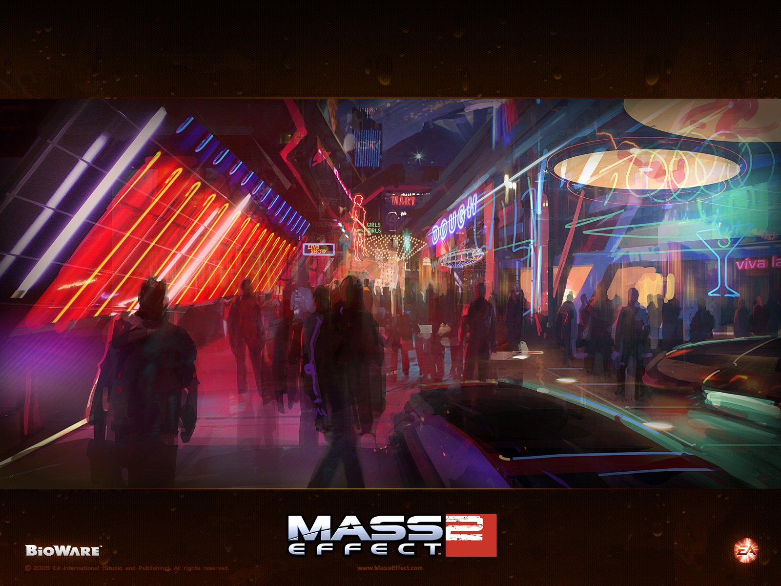 HD PC desktop wallpaper featuring a vibrant, neon-lit futuristic cityscape from the video game Mass Effect 2, capturing its sci-fi ambiance and dynamic atmosphere.