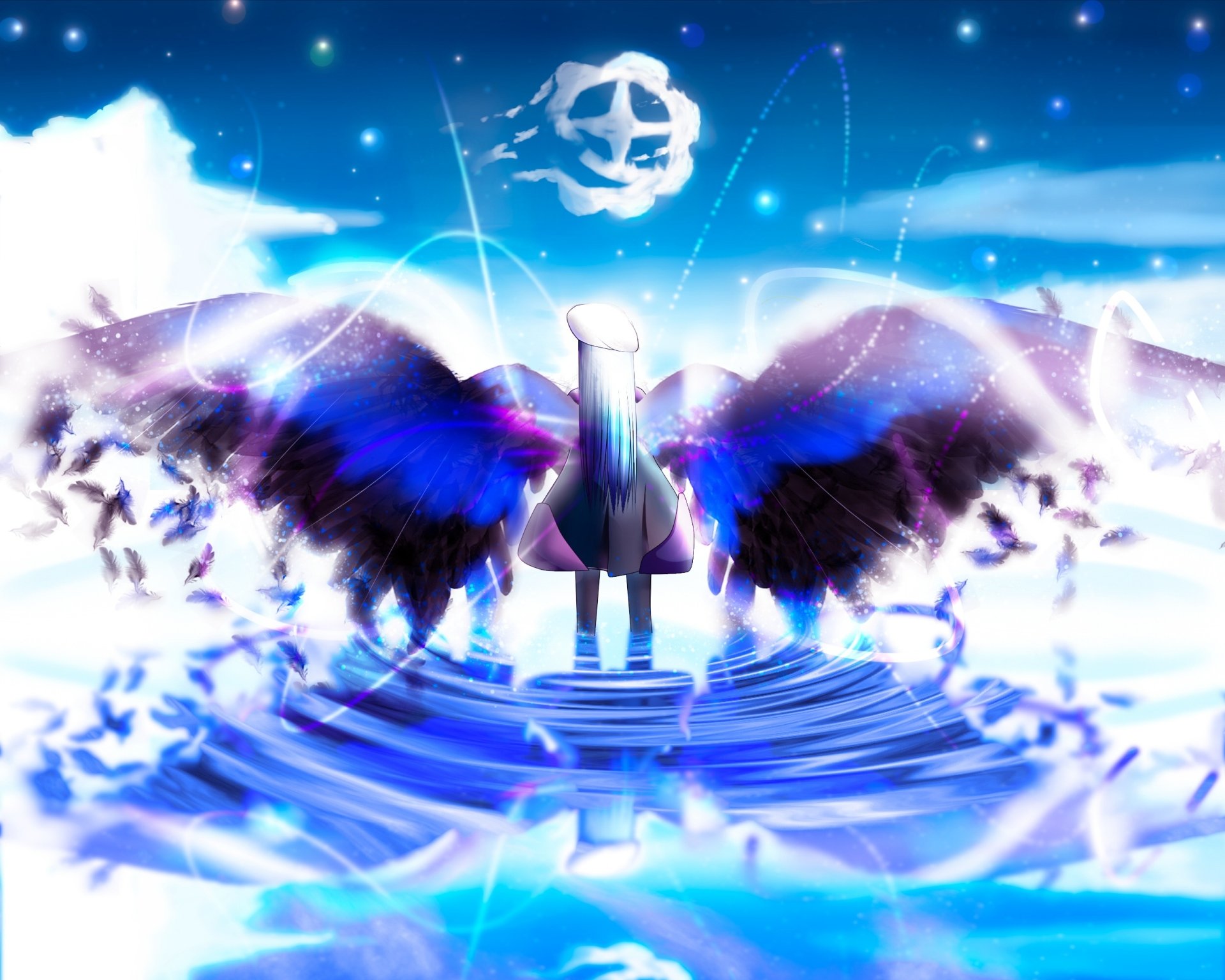 HD PC desktop wallpaper from the video game Dragon Nest: a glowing, winged figure stands on rippling water beneath radiant blue light.