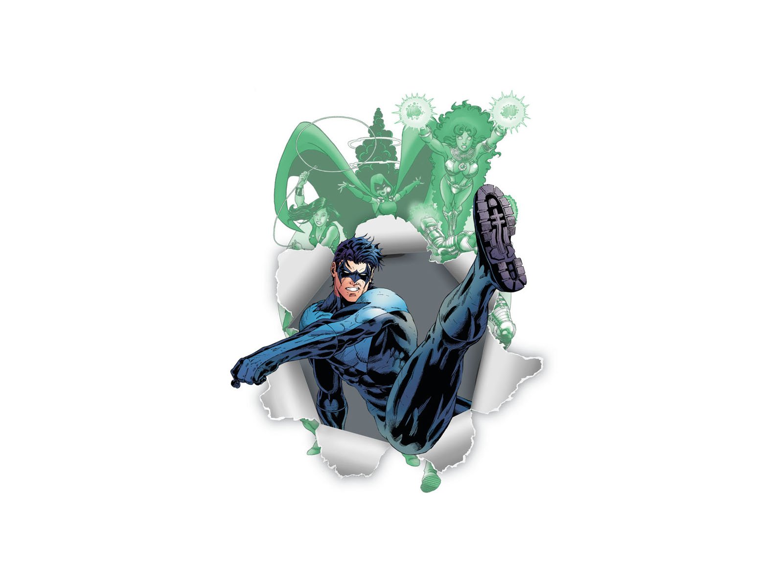 HD desktop wallpaper of Nightwing (Dick Grayson) bursting through a wall with green silhouettes of Teen Titans: Donna Troy (Wonder Girl), Raven and Starfire — DC Comics comic art.
