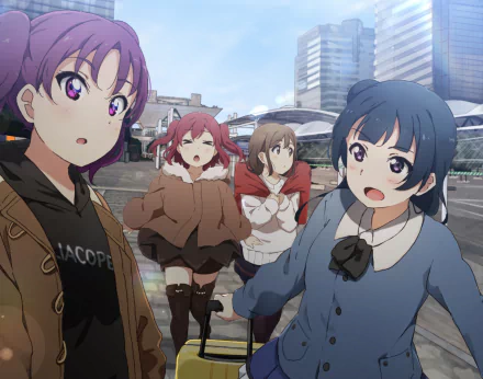 HD PC desktop wallpaper of Hanamaru Kunikida, Ruby Kurosawa, Yoshiko Tsushima and Leah Kazuno in a city plaza, smiling in casual coats — Love Live! Sunshine!!