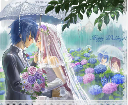 HD PC wallpaper featuring Jellal Fernandes and Erza Scarlet from Fairy Tail in a romantic wedding scene surrounded by vibrant hydrangeas and soft rain.