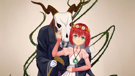 HD anime wallpaper of Elias Ainsworth and Chise Hatori from The Ancient Magus' Bride: skull-headed mage embracing red-haired Chise with a flower crown and green pendant.