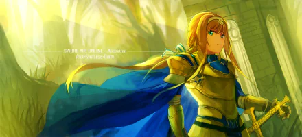 HD PC desktop wallpaper featuring Alice Zuberg from the anime Sword Art Online: Alicization, depicted in golden armor with a flowing blue cape in a sunlit setting.