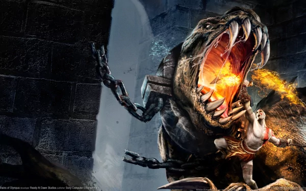 HD desktop wallpaper featuring an intense scene from the video game God of War, showing a character battling a massive, roaring beast in a dark, medieval setting.