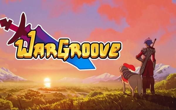 HD desktop wallpaper of Wargroove featuring a character and a dog overlooking a sunrise in a vibrant landscape.