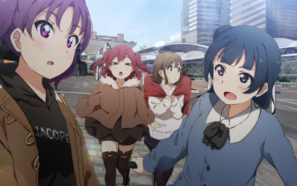 HD PC desktop wallpaper of Hanamaru Kunikida, Ruby Kurosawa, Yoshiko Tsushima and Leah Kazuno in a city plaza, smiling in casual coats — Love Live! Sunshine!!