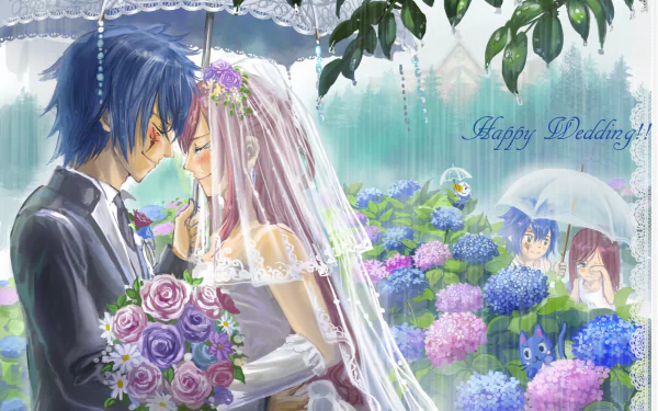 HD PC wallpaper featuring Jellal Fernandes and Erza Scarlet from Fairy Tail in a romantic wedding scene surrounded by vibrant hydrangeas and soft rain.