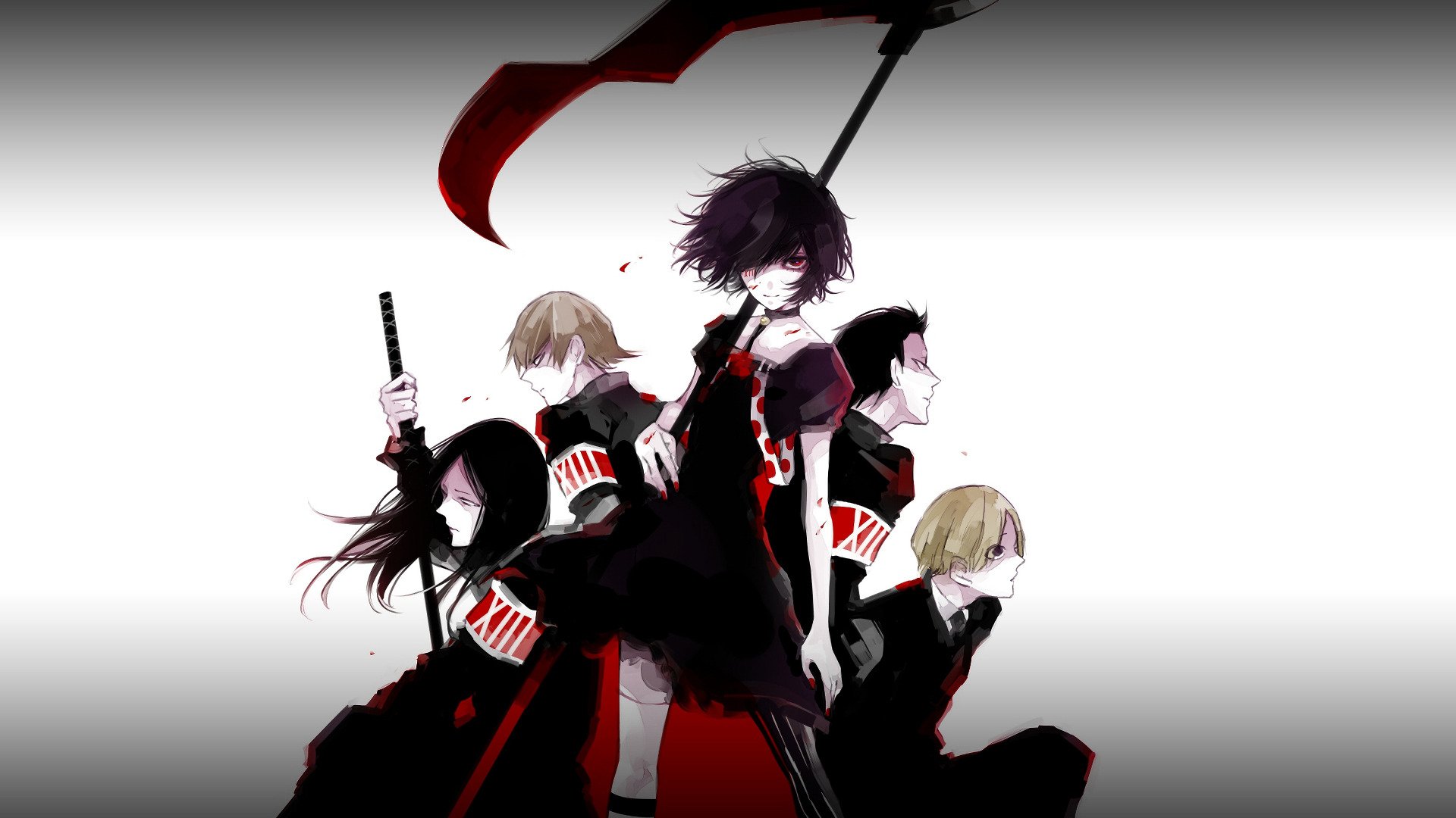HD anime wallpaper featuring Miyuki Mikage, Mizurou Tamaki, Hanbee Abara, Keijin Nakarai, and Juuzou Suzuya from Tokyo Ghoul:re in dynamic poses with weapons.