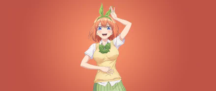 HD desktop wallpaper featuring Yotsuba Nakano from the anime 5-Toubun no Hanayome (The Quintessential Quintuplets), against a solid orange background.