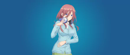 HD desktop wallpaper featuring Miku Nakano from the anime The Quintessential Quintuplets, also known as 5-Toubun no Hanayome. Miku stands against a blue background, holding headphones near her ear.