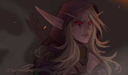 HD desktop wallpaper of Sylvanas Windrunner from World of Warcraft, featuring her blonde hair, pointed ears, and glowing red eyes in a dark, intense setting.