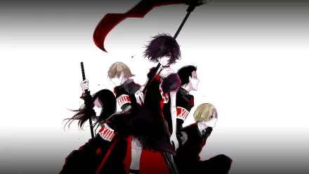 HD anime wallpaper featuring Miyuki Mikage, Mizurou Tamaki, Hanbee Abara, Keijin Nakarai, and Juuzou Suzuya from Tokyo Ghoul:re in dynamic poses with weapons.