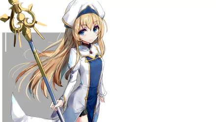 HD PC desktop wallpaper featuring Priestess from the Goblin Slayer anime, depicted with her staff and detailed outfit against a clean white background.