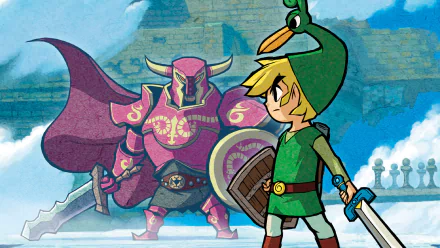 HD PC desktop wallpaper featuring Link from The Legend of Zelda: The Minish Cap, standing ready with sword and shield against a looming armored enemy.
