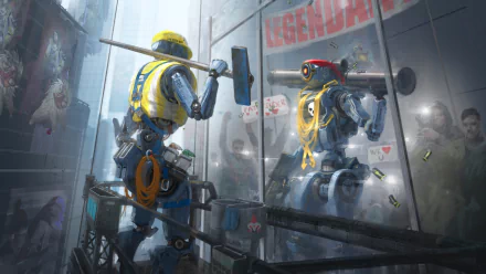 HD desktop wallpaper of Pathfinder from Apex Legends, depicting the robotic character cleaning windows with a squeegee in a futuristic cityscape, with fans cheering in the background.