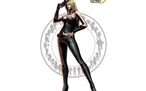 HD PC desktop wallpaper of a black‑leather‑clad female fighter from the video game Marvel vs. Capcom 3: Fate of Two Worlds, standing confidently before a circular emblem background.
