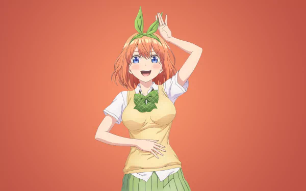 HD desktop wallpaper featuring Yotsuba Nakano from the anime 5-Toubun no Hanayome (The Quintessential Quintuplets), against a solid orange background.
