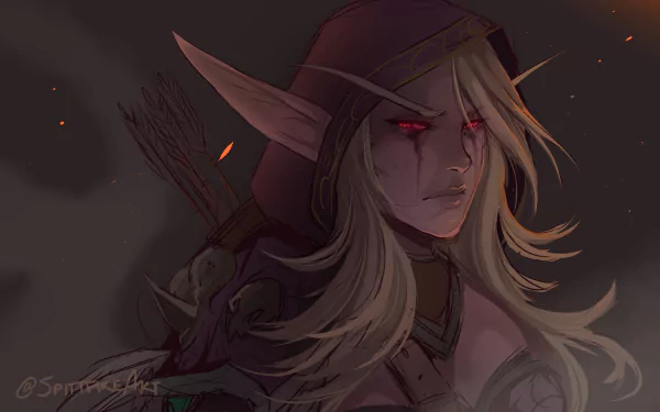 HD desktop wallpaper of Sylvanas Windrunner from World of Warcraft, featuring her blonde hair, pointed ears, and glowing red eyes in a dark, intense setting.