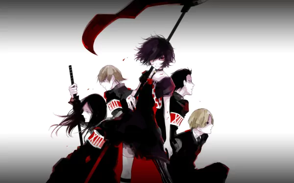 HD anime wallpaper featuring Miyuki Mikage, Mizurou Tamaki, Hanbee Abara, Keijin Nakarai, and Juuzou Suzuya from Tokyo Ghoul:re in dynamic poses with weapons.
