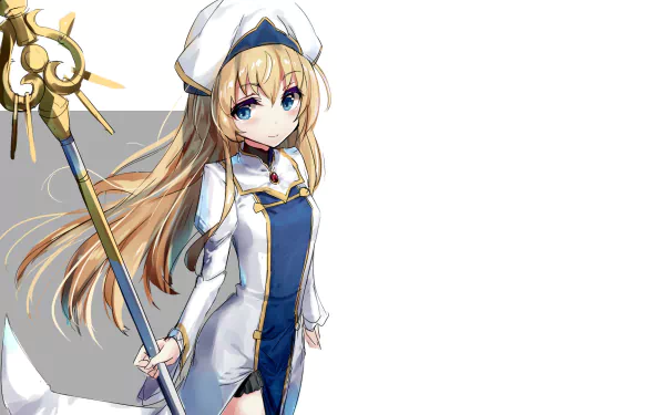 HD PC desktop wallpaper featuring Priestess from the Goblin Slayer anime, depicted with her staff and detailed outfit against a clean white background.