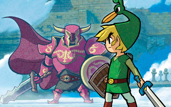 HD PC desktop wallpaper featuring Link from The Legend of Zelda: The Minish Cap, standing ready with sword and shield against a looming armored enemy.