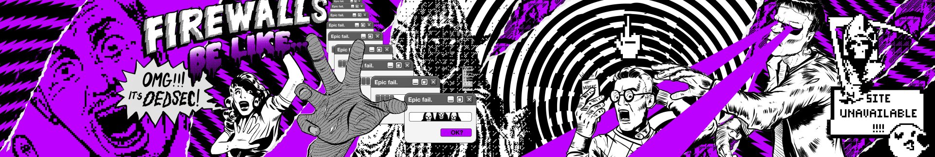 HD PC desktop wallpaper featuring glitch art style from the video game Watch Dogs 2, with multiple Epic fail. error windows and a black-and-white spiral background.
