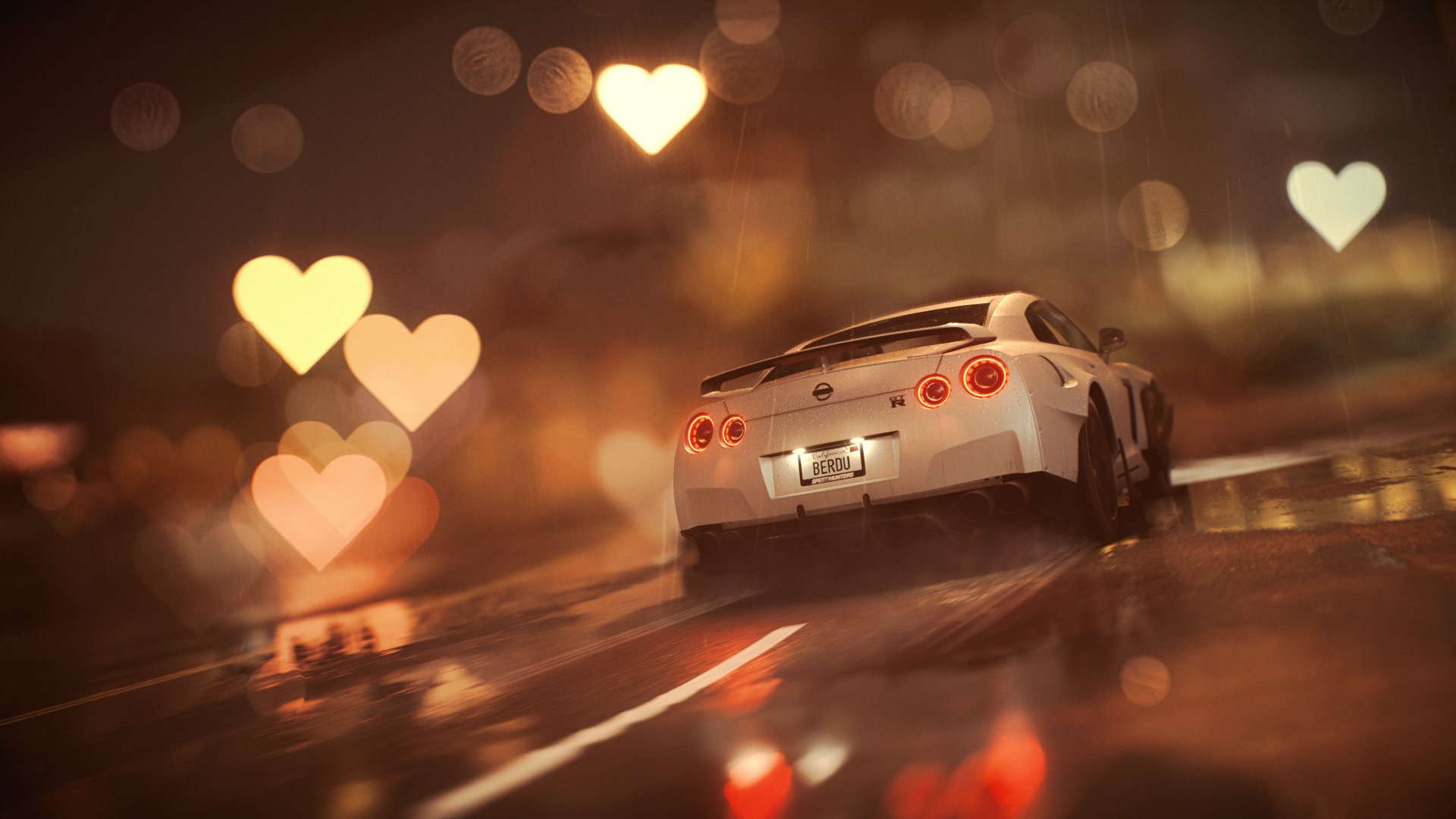 4K Ultra HD PC wallpaper showcasing a white Nissan GT-R from the video game Need For Speed on a rain-soaked road with heart-shaped bokeh lights in the background.