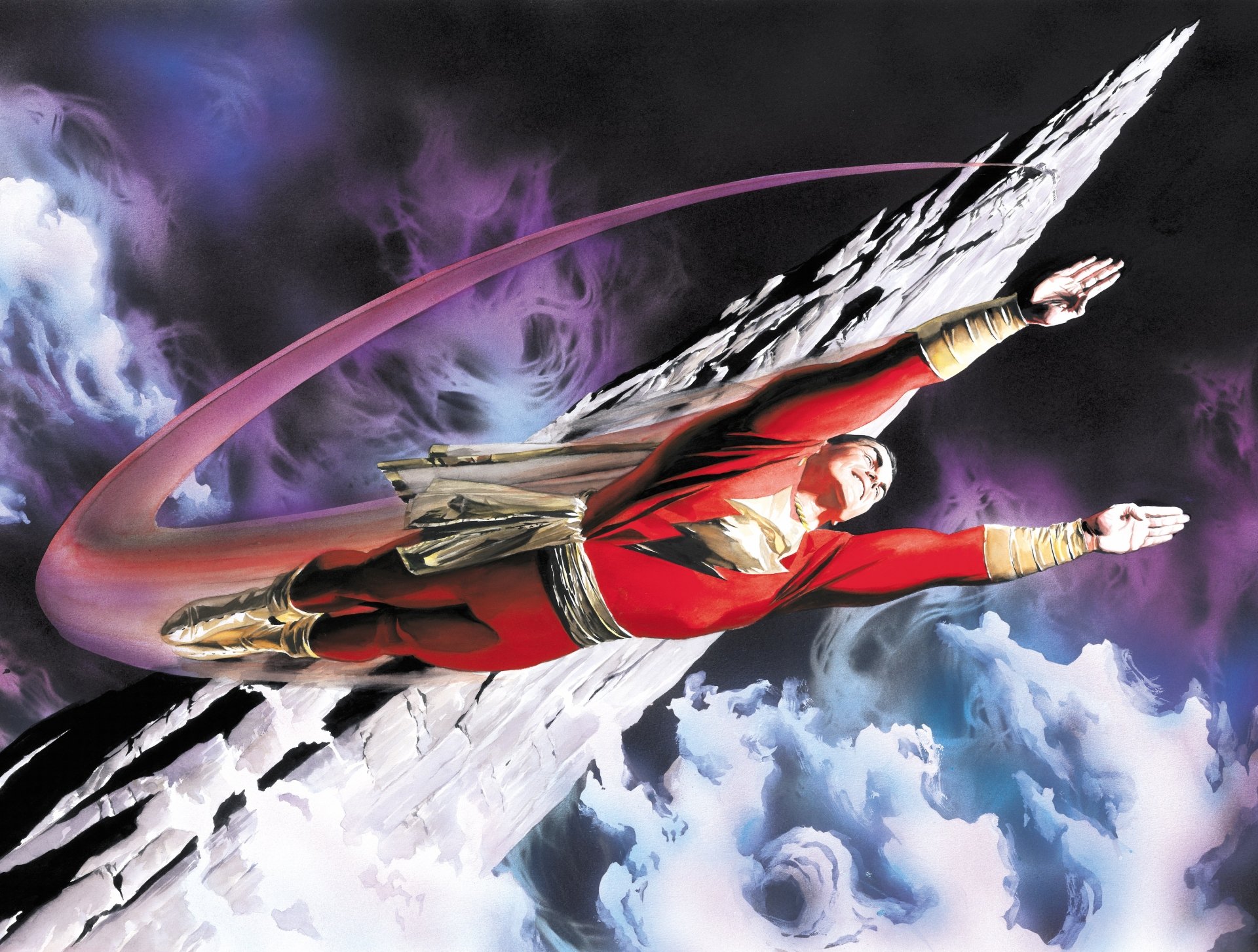 Billy Batson as Shazam (DC Comics) soars through storm clouds with a lightning trail — comic-style 4K Ultra HD PC desktop wallpaper.