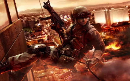 HD PC desktop wallpaper featuring a tactical soldier rappelling down a building in a fiery urban scene from the video game Tom Clancy's Rainbow Six: Vegas 2.
