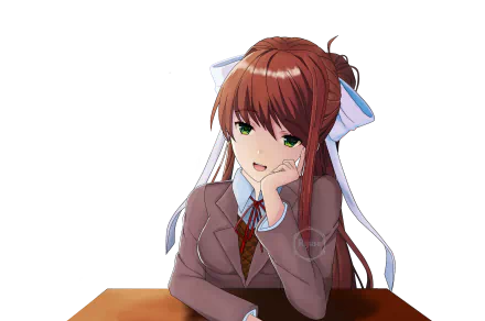 HD PC desktop wallpaper featuring Monika from the video game Doki Doki Literature Club! in her school uniform, resting her chin on her hand with a playful expression.