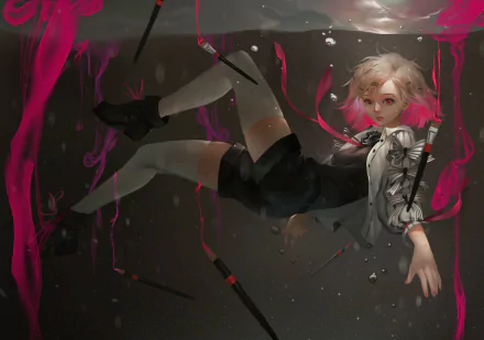 HD anime desktop wallpaper featuring a floating anime girl with short blonde hair, wearing a black outfit and surrounded by red ribbon-like strands in a dark, dynamic background.