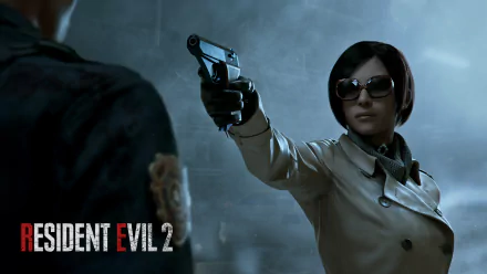 Ada Wong aiming a handgun in a dark, tense scene from Resident Evil 2 (2019), presented as a 4K Ultra HD PC desktop wallpaper.